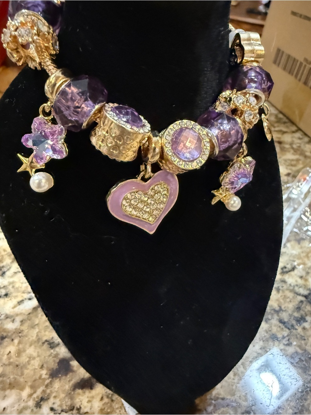 Fashion Purple Heart Charm Bracelet Gold Tone
